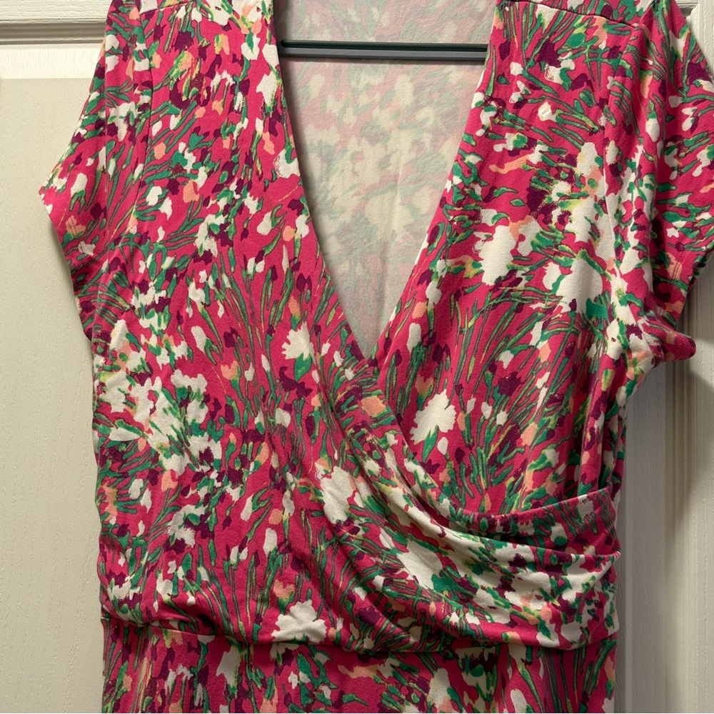 Lands' End Pink and White Floral Midi Dress v-neck with wrap silhouette size 18+ - Picture 3 of 4